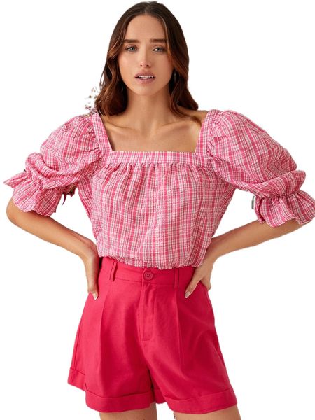 

plaid print puff sleeve blouse u9kn#, White