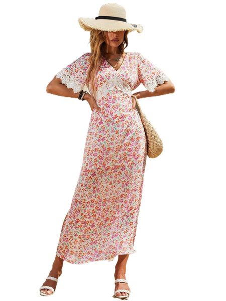 

floral print lace panel shirred back split thigh dress c68n#, Black;gray