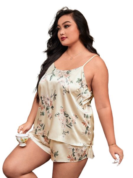 

plus floral print satin pj set e0iz#, Black;white