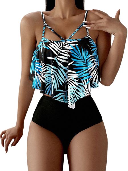 

tropical print hanky hem high waisted bikini swimsuit g9us#, White;black