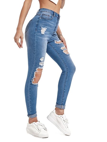 

high waist ripped skinny roll hem jeans u6n2#, Blue