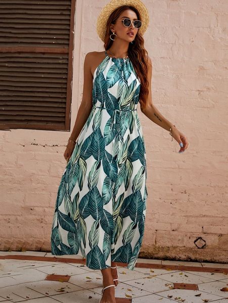 

tropical print tie front halter dress 93qi#, Black;gray