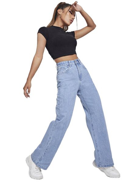 

high waisted zip fly wide leg jeans k0by#, Blue
