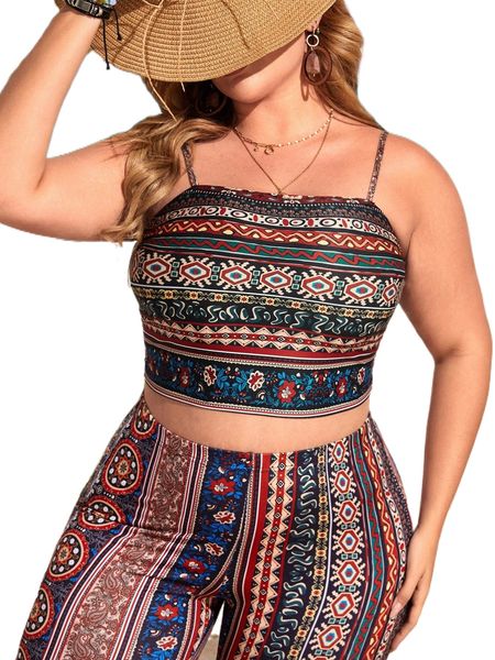 

plus geo print crop cami h51t#, Black