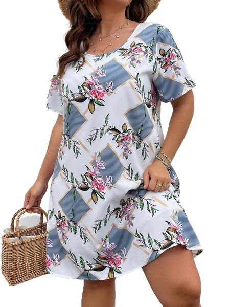 

plus floral & geo print tunic dress x2gv#, Black
