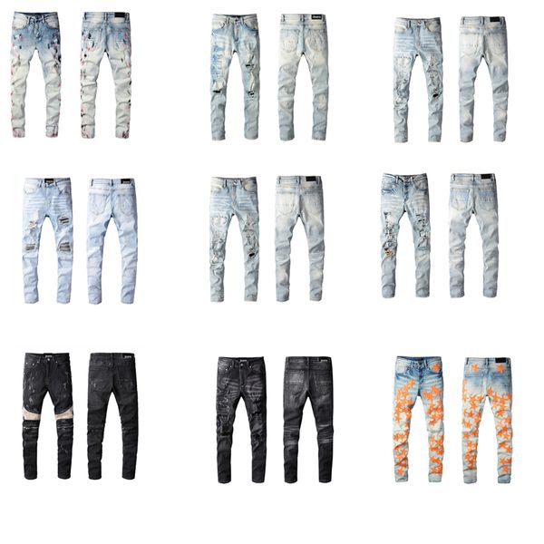 

selling frayed slim jeans for mens hip hop streetwear casual microelasticity patch brand denim pencil trousers, Blue