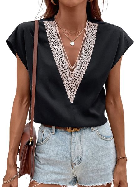 

contrast guipure lace batwing sleeve blouse b56h#, White