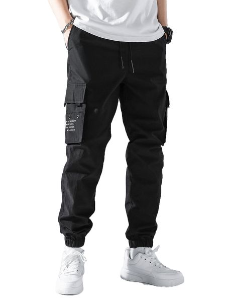 

men slogan graphic grommet detail flap pocket drawstring cargoÂ pants t8ow#, Black