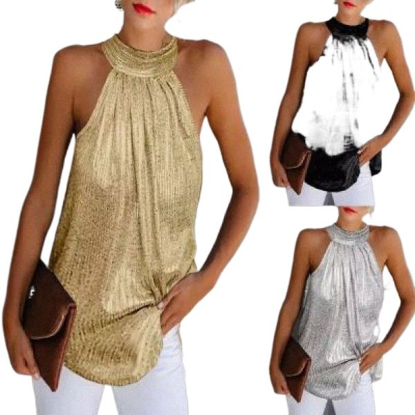

women's t-shirt european and american womens double silver neck zip sleeveless t-shirt casual s8mb#, White