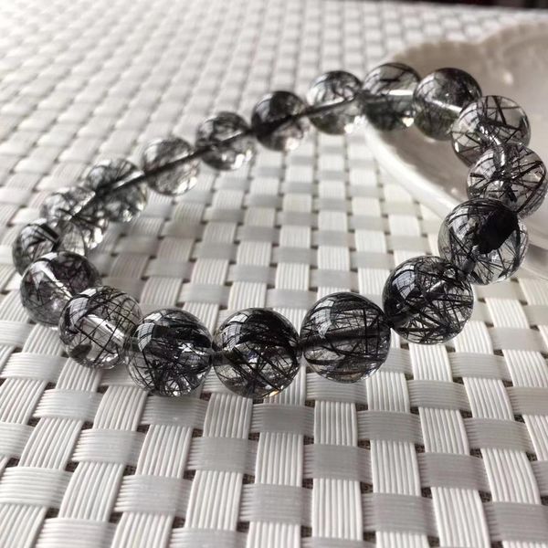 

natural black rutilated quartz crystal clear round beads 11.5mm wealthy stone bracelet for women men from brazil aaaaa, Silver