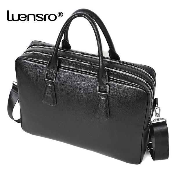 Çift fermuarlı evrak çantası erkek çanta gerçek deri omuz çantası 14 inç dizüstü bilgisayar çantaları büyük kapasiteli çanta iş erkek ev çantası 210302