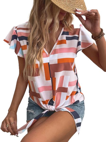 

geo print flutter sleeve tie hem blouse z8ho#, White