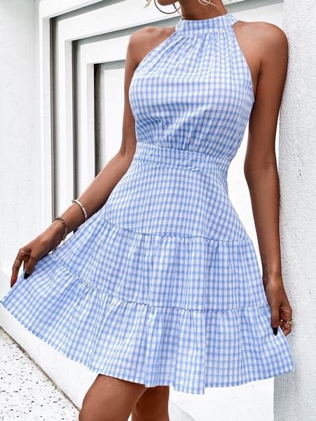 

gingham ruffle hem halter dress 55el#, Black;gray
