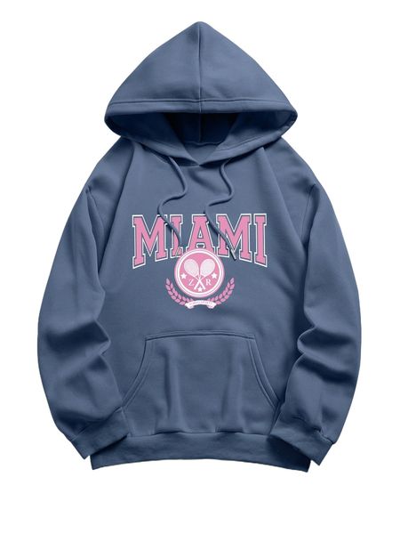 

racket & letter graphic kangaroo pocket drawstring thermal hoodie q6hw#, Black