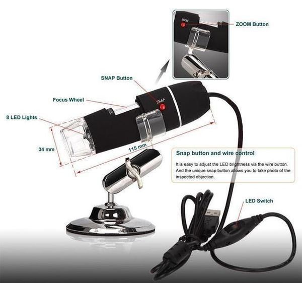 Mini fotocamera 2MP 8LED USB Microscopio digitale Zoom Videocamera Lente d'ingrandimento + Microscopio stativo