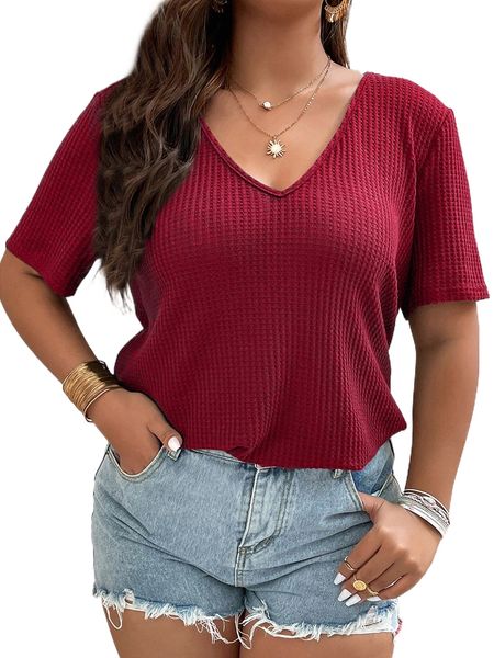 

plus waffle knit solid tee u9fn#, Black