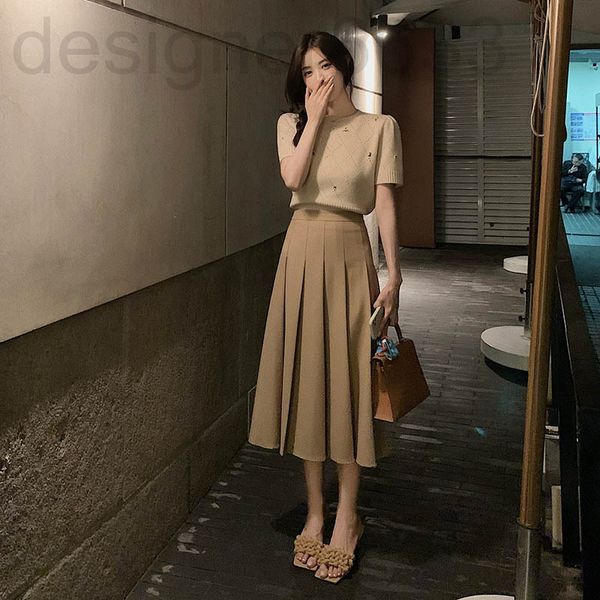 

casual dresses designer 5313# royal sister fried street summer knitted pleated skirt two piece set small fragrance goddess suit 4hxi, Black;gray