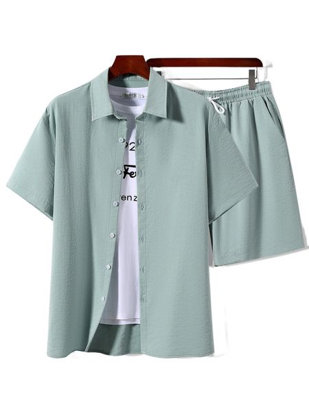 

men solid button up shirt & shorts without tee 252g#, Gray