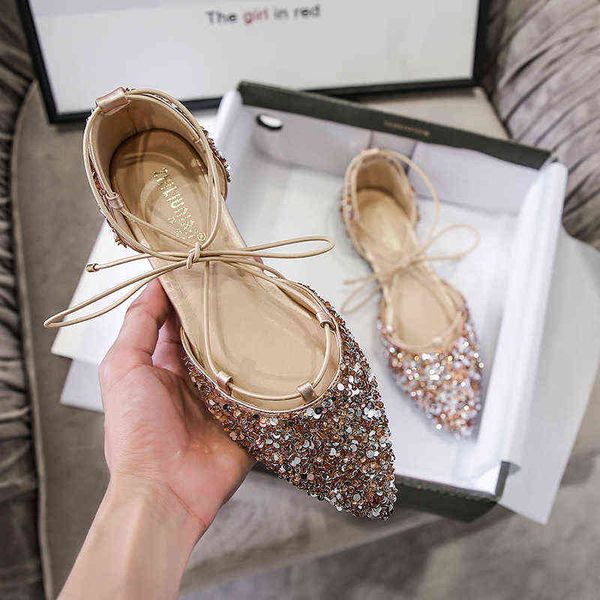 Sinalizadores de shinestone bailarinas Cruz Cross Lace Up Up Wedding Glitter Flats Sapatos Sandálias Cross Strap elegante G220518