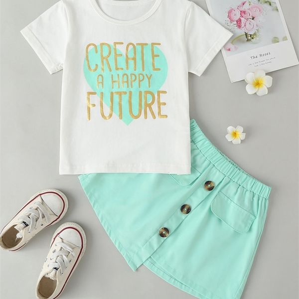 

little girl's heart and slogan t-shirt and asymmetric skirt she, White