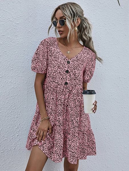 

confetti print half button ruffle hem smock dress d50c#, Black;gray