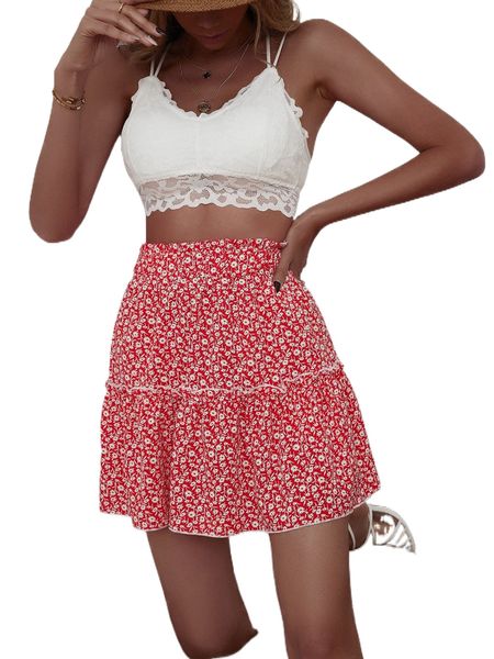 

ditsy floral print frill trim skirt e62q#, Black