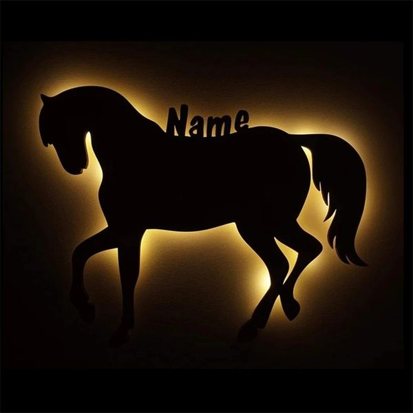 Nome Custom Horse Horse tema Lâmpada Night Light Light personalizada LED LED WALL Wooden for Kids Kids Room Decoração Luz Luz 220623