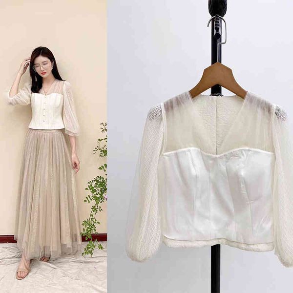 

women's polos p395485 light luxury mesh lantern sleeve jacquard slim top, White