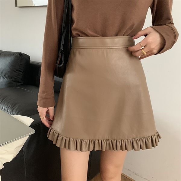 

high waist pu small leather skirt with wooden ears female autumn korean version a line package hip skirt 210306, White;black