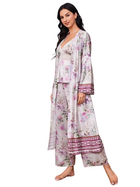 

1pc geo & floral print belted sleep robe r8gw#, Black;red