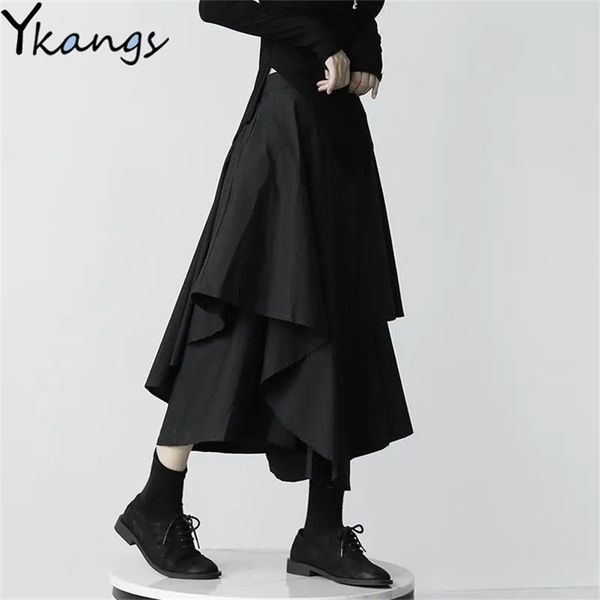 

japanese gothic irregular high-waist pleated skirt women black harajuku punk cargo skirt summer vintage clothing long saia 220427