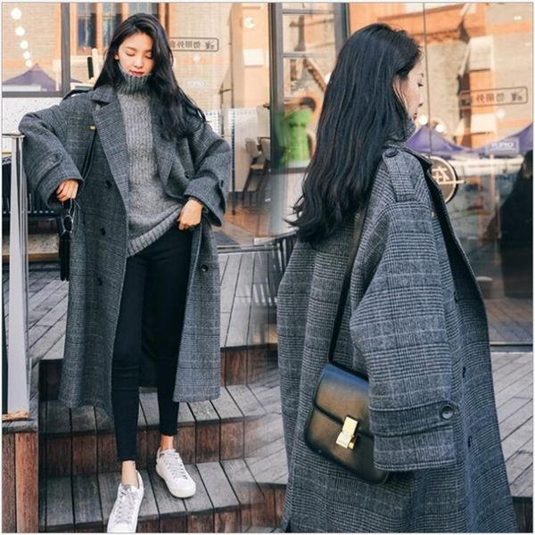 

2020 autumn winter plaid woolen coat new fashion causal women turndown collar loose thick women winter coats female lj201106, Black