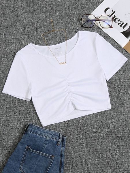 

ribbed knit ruched tee 298b#, White