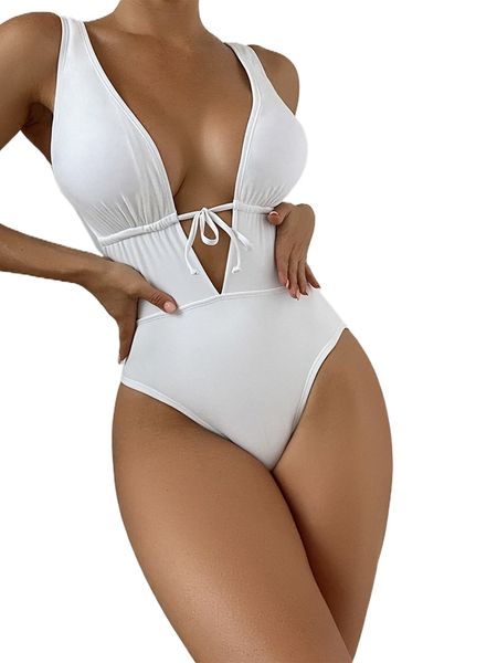 

tie front plunging one piece swimsuit r9dp#, White;black