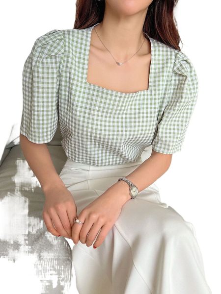 

dazy gingham square neck puff sleeve blouse w7sm#, White