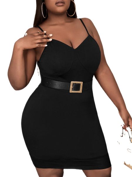 

sxy plus solid bodycon dress without belt i2mv#, Black