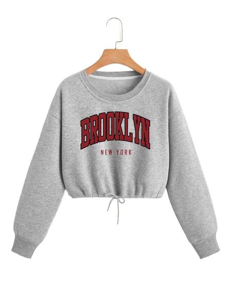 

letter graphic drop shoulder drawstring hem pullover n16p#, Black