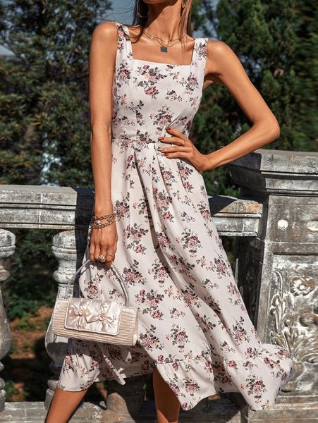 

floral print square neck ruffle hem dress l1s8#, Black;gray