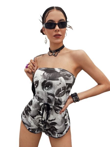 

figure graphic contrast binding knot front tube romper 48hv#, Black;white