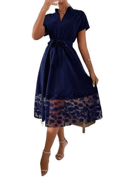 

dolman sleeve contrast geo mesh belted dress v65y#, Black;gray