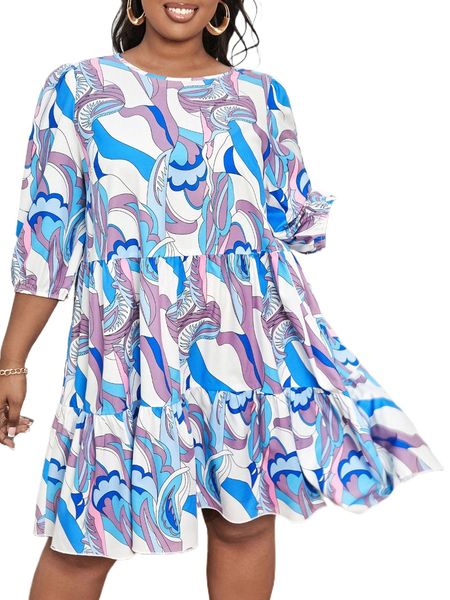 

sxy plus allover print puff sleeve ruffle hem smock dress s3db#, Black