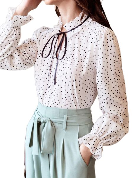 

tie front polka dot print flounce sleeve h9iw#, White