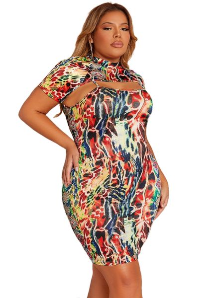 

sxy plus allover print cut out mock neck 2 in 1 bodycon dress x9nw#, Black