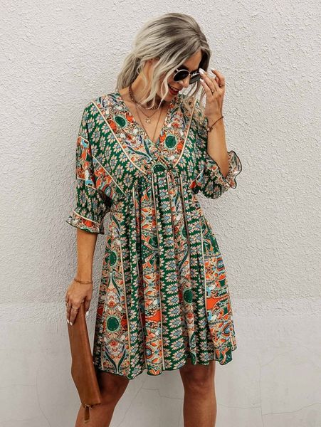 

all over print wrap neck tie back dress 45xo#, Black;gray