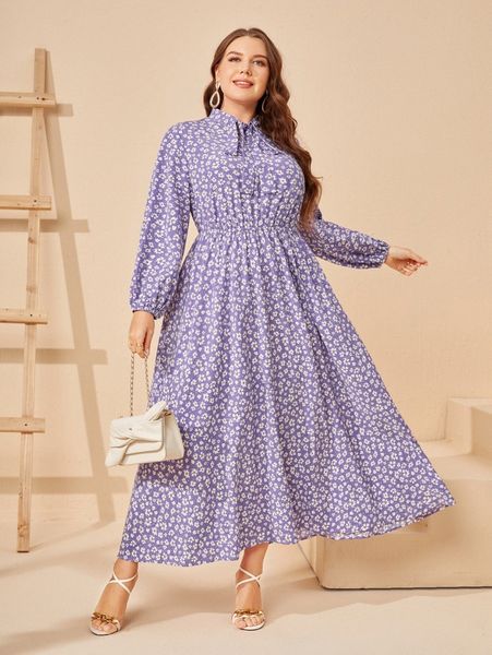 

plus tie neck ditsy floral dress t7dk#, Black