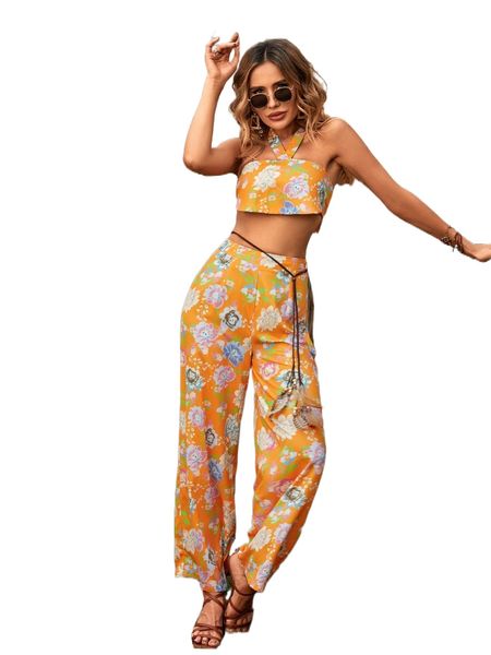 

floral shirred halter & wide leg pants w8g4#, White