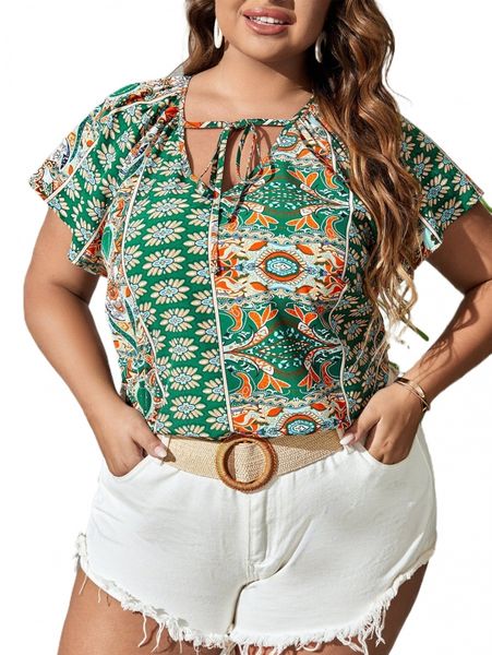 

plus floral print knot front butterfly sleeve blouse p8xg#, Black