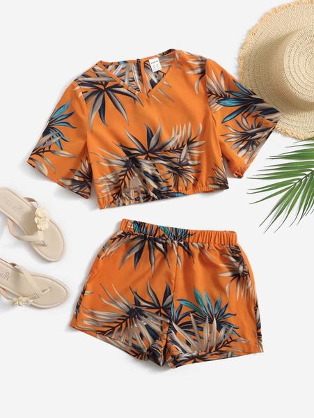 

girls tropical print keyhole back & shorts set she, White