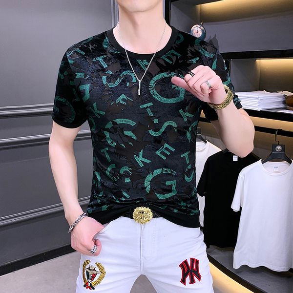 

2022 new summer round neck hollow short-sleeved men's velvet burnt t-shirt elastic thin fashion casual top, White;black