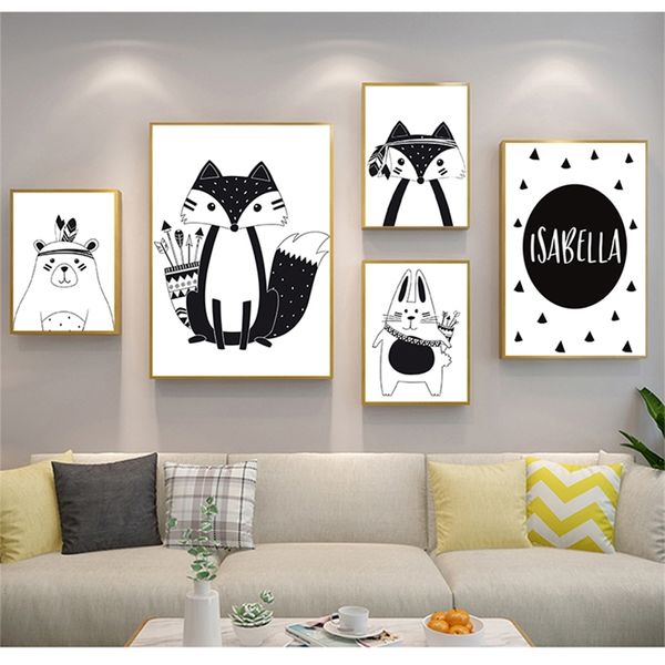 Pintura impressa na imagem nórdica sala de garoto decoração preto desenho branco urso bebê berçário arte de parede de parede name personalizado 220623